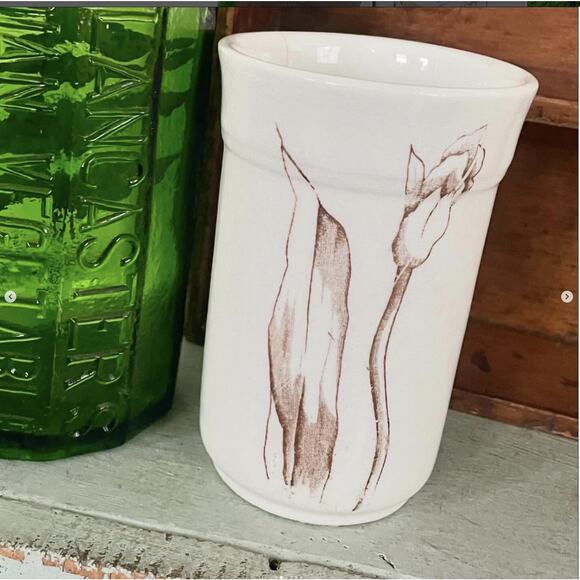 Vtg Brown Transferware TOOTHBRUSH HOLDER CUP Ironstone Daffodil Flower Vanity - Picture 2 of 6